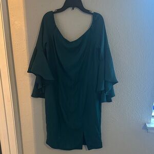 VENUS Teal Layered Flutter-Sleeve Dress